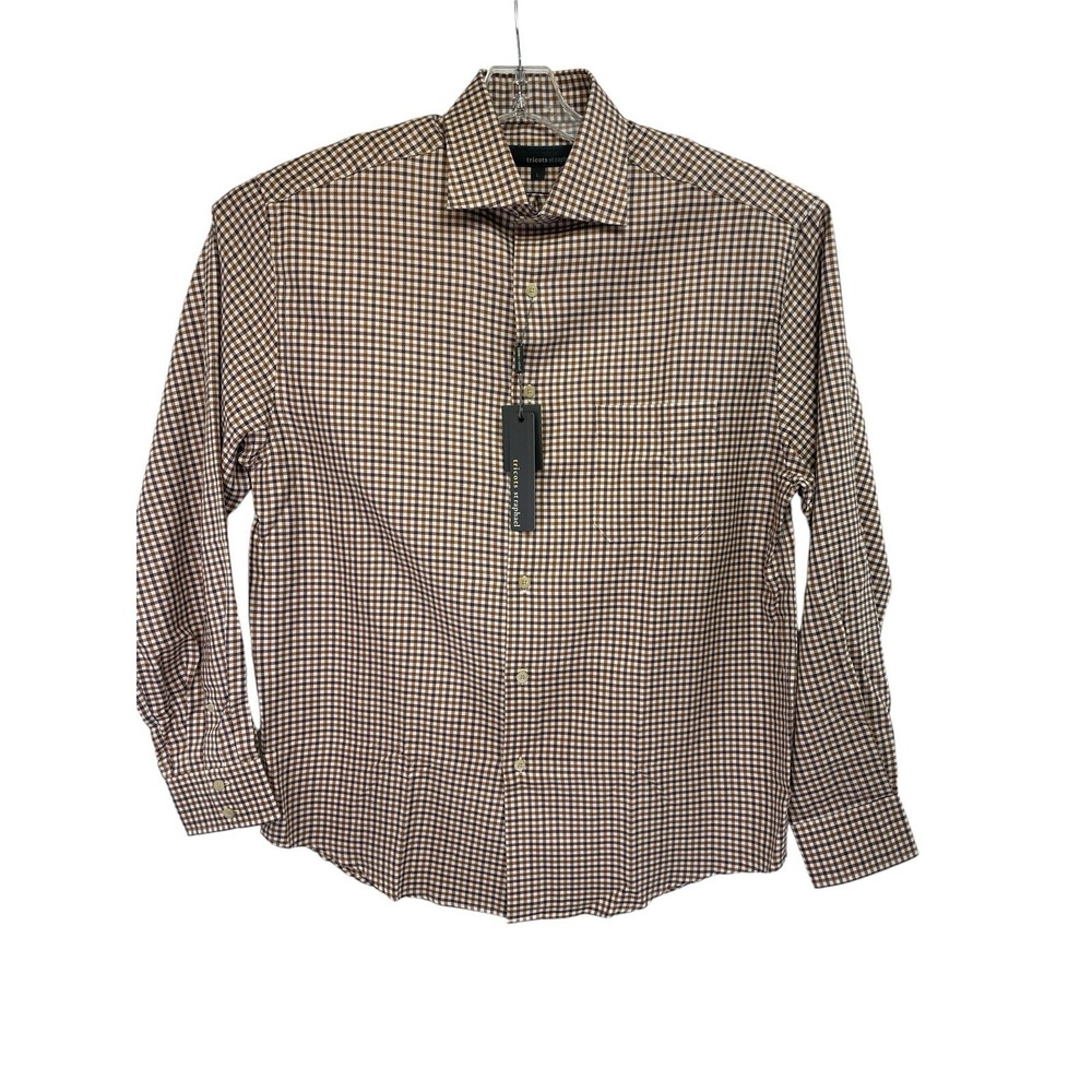 Tricots St Raphael Mens Large Brown/White Plaid Flannel Button Up Shirt (J23)NWT